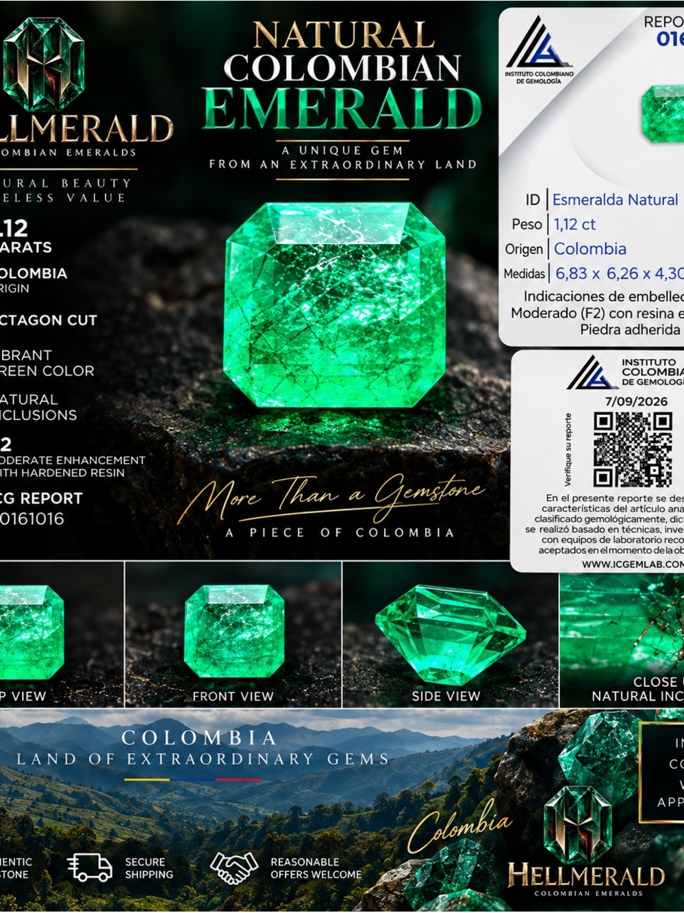 1.12 Ct Natural Colombian Emerald Octagon Cut F2 Resin Enhanced ICG Report